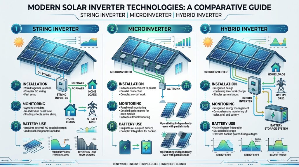 Inversor Solar em 2026: Guia Prático sobre Tipos, Marcas e Preços para Residências e Comércios infográfico comparando três inve… 202605191318