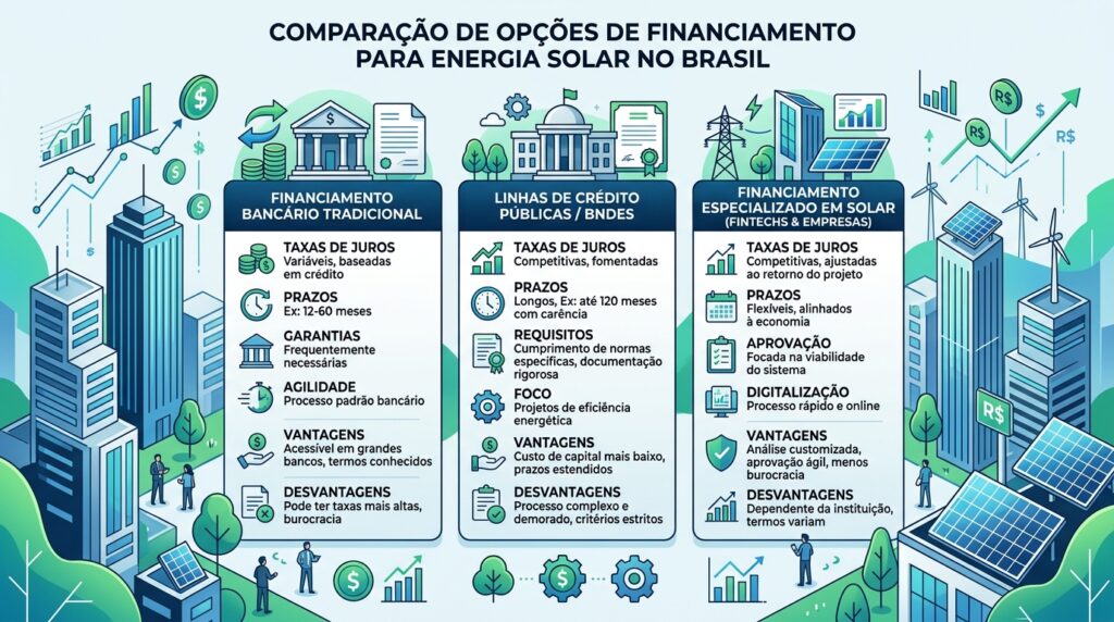 Financiamento de Energia Solar 2026: Caixa, Banco do Brasil, BNDES e BNB financiamento de energia solar 20262